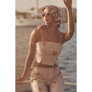 Celandine Anthropologie Tan Gingham Red Anchor Print Capri Pants Top Set L